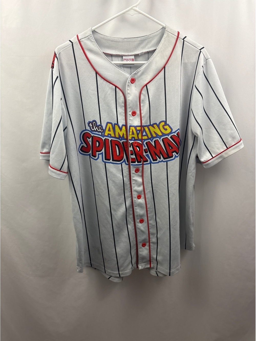 Marvel The Amazing Spiderman Mens White Pinstripe Baseball Jersey XL